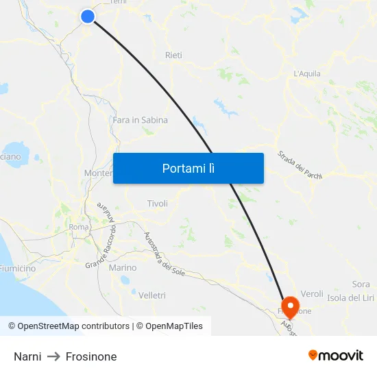 Narni to Frosinone map