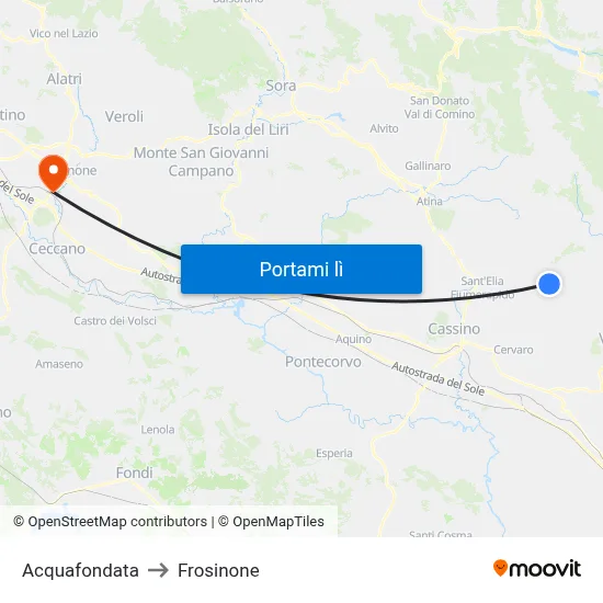 Acquafondata to Frosinone map
