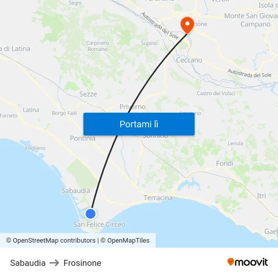 Sabaudia to Frosinone map