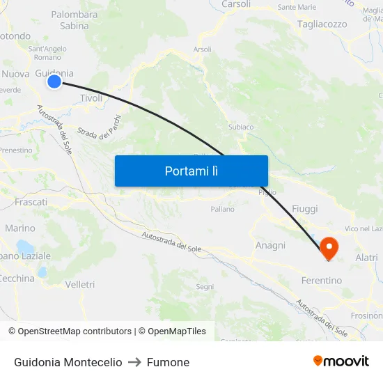 Guidonia Montecelio to Fumone map