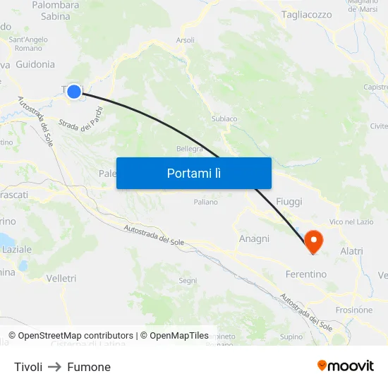 Tivoli to Fumone map