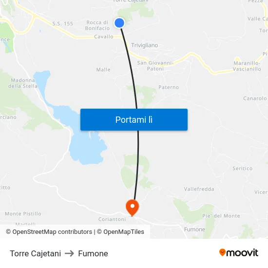 Torre Cajetani to Fumone map