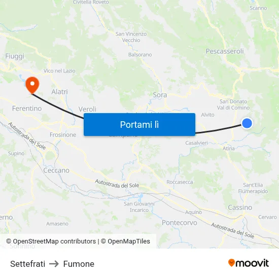 Settefrati to Fumone map
