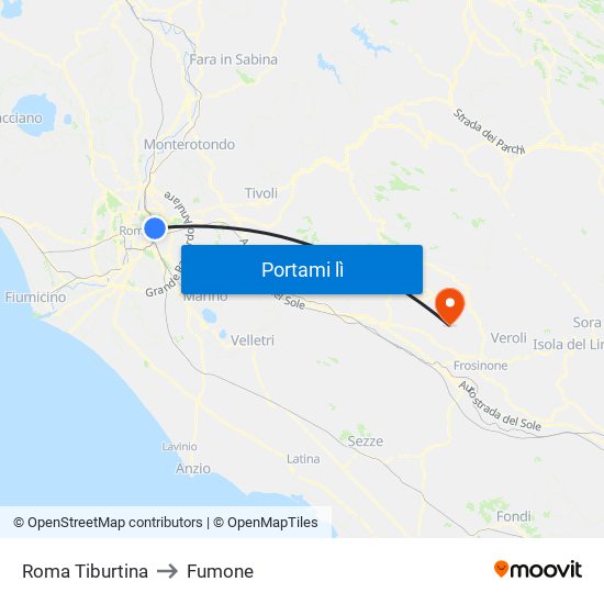Roma Tiburtina to Fumone map