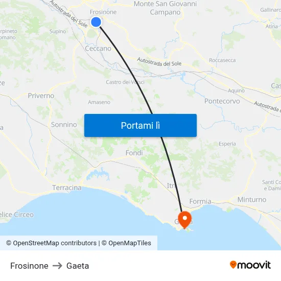 Frosinone to Gaeta map