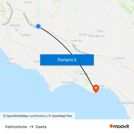 Valmontone to Gaeta map