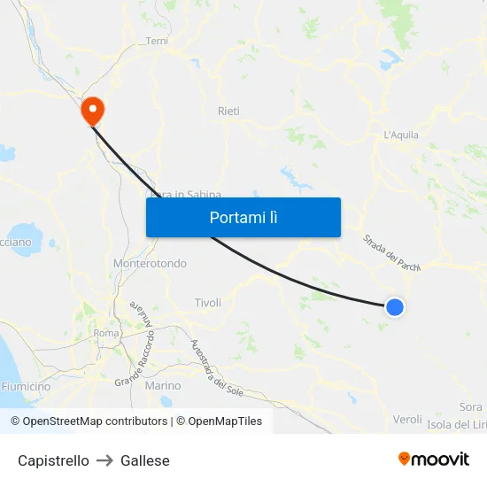 Capistrello to Gallese map