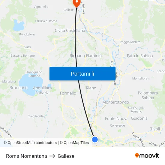 Roma Nomentana to Gallese map