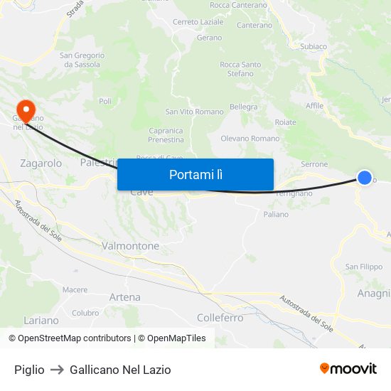 Piglio to Gallicano Nel Lazio map