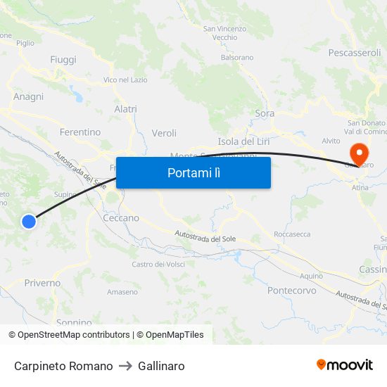 Carpineto Romano to Gallinaro map