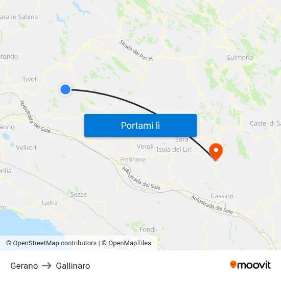 Gerano to Gallinaro map