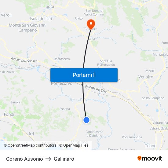 Coreno Ausonio to Gallinaro map