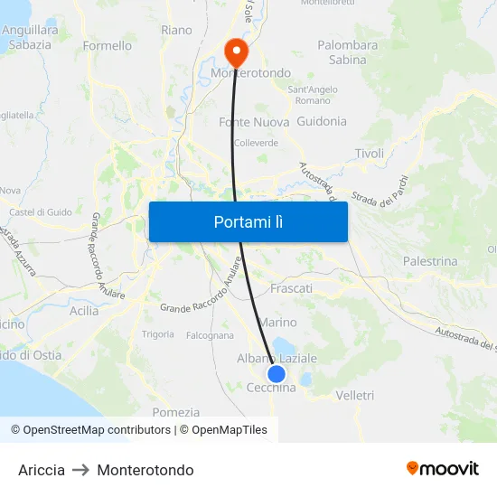 Ariccia to Monterotondo map