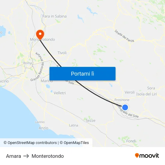 Arnara to Monterotondo map