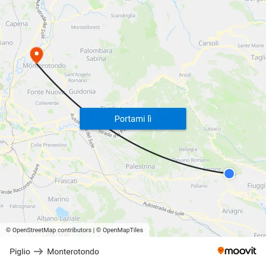 Piglio to Monterotondo map