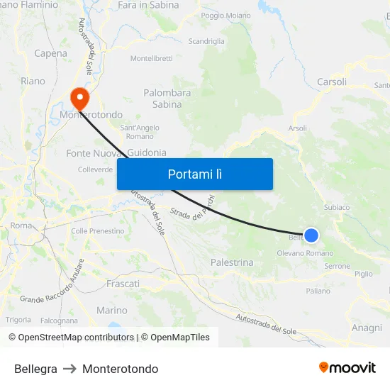 Bellegra to Monterotondo map