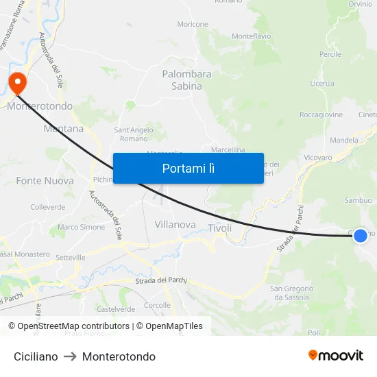 Ciciliano to Monterotondo map