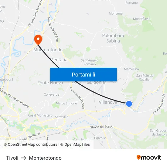 Tivoli to Monterotondo map