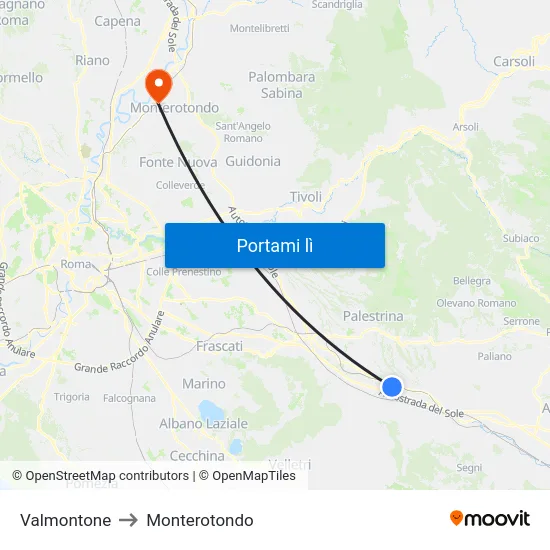 Valmontone to Monterotondo map