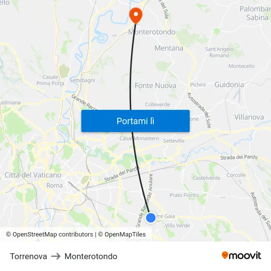 Torrenova to Monterotondo map
