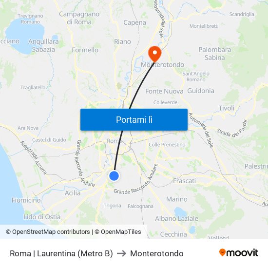 Roma | Laurentina (Metro B) to Monterotondo map