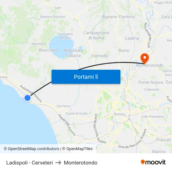 Ladispoli-Cerveteri to Monterotondo map