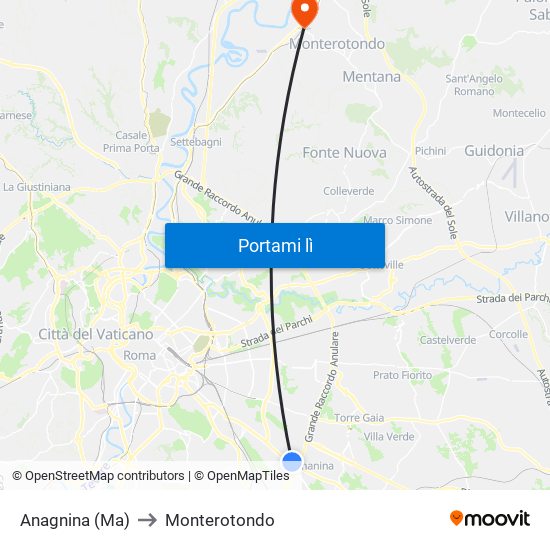 Anagnina (Ma) to Monterotondo map