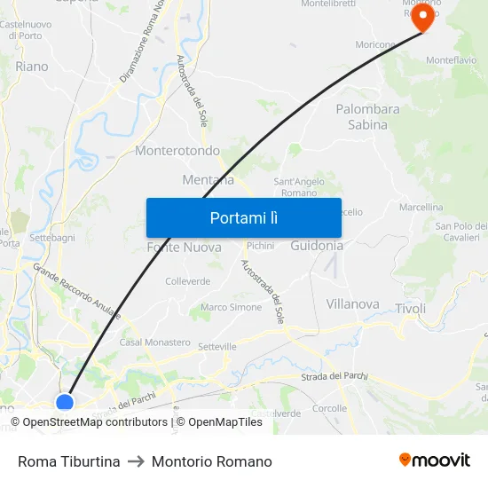 Roma Tiburtina to Montorio Romano map