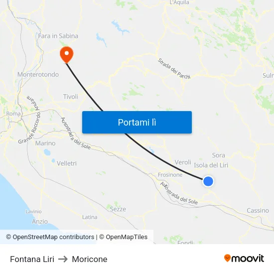 Fontana Liri to Moricone map