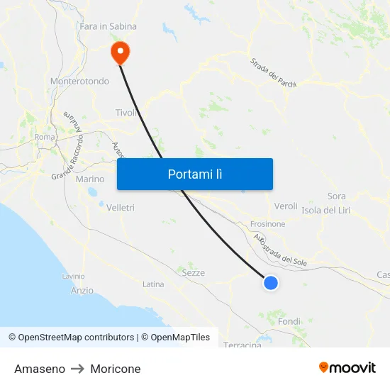 Amaseno to Moricone map