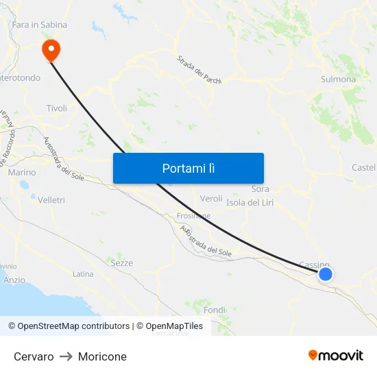 Cervaro to Moricone map