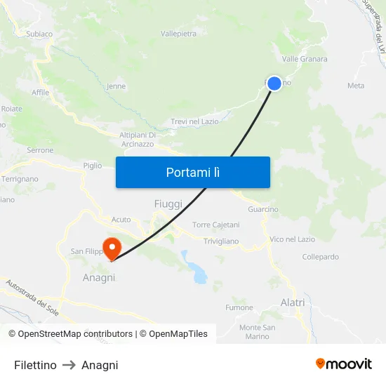 Filettino to Anagni map