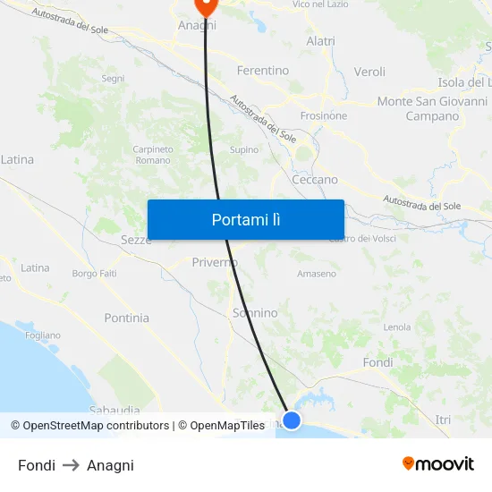 Fondi to Anagni map