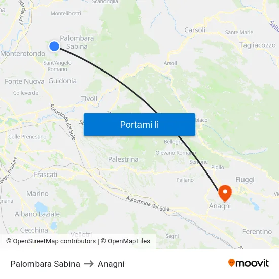 Palombara Sabina to Anagni map