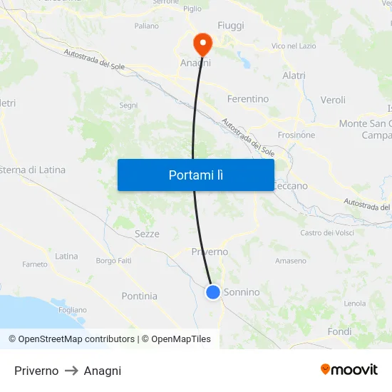 Priverno to Anagni map