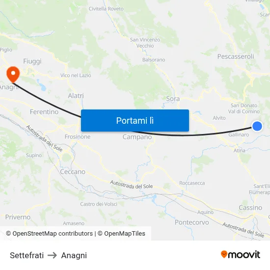 Settefrati to Anagni map