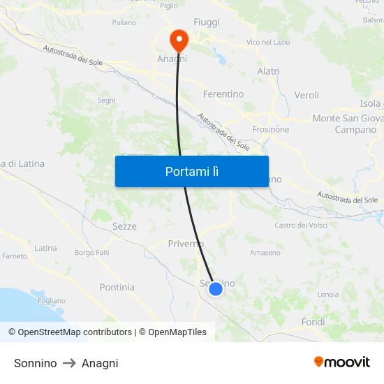 Sonnino to Anagni map
