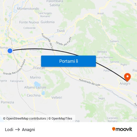 Lodi to Anagni map