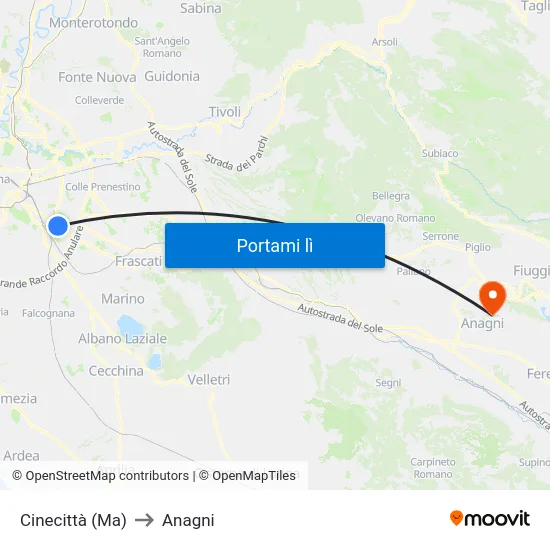 Cinecittà (Ma) to Anagni map