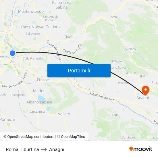 Roma Tiburtina to Anagni map