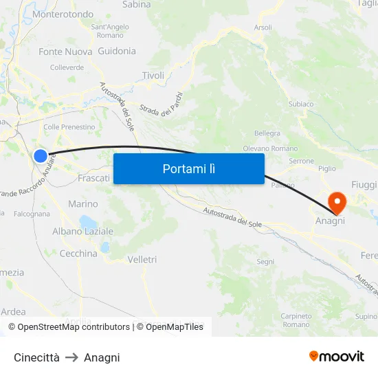 Cinecittà to Anagni map