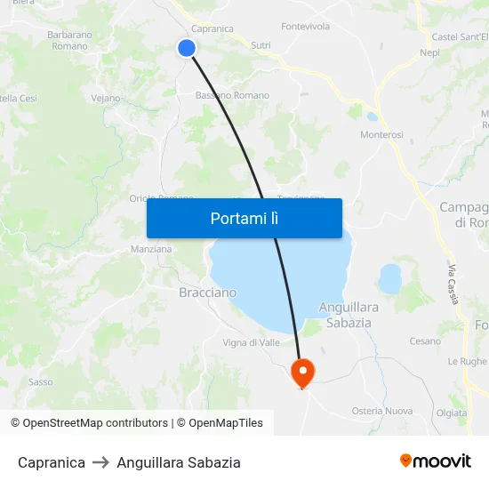 Capranica to Anguillara Sabazia map