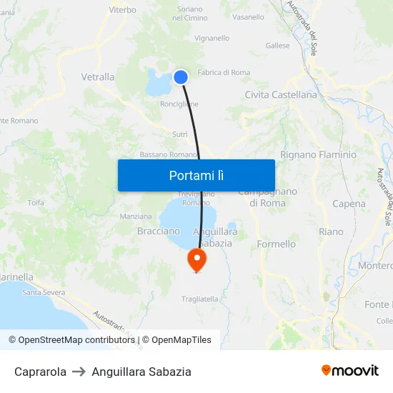 Caprarola to Anguillara Sabazia map