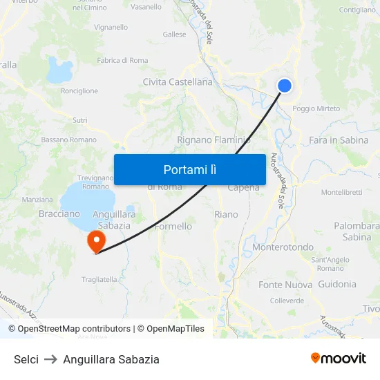 Selci to Anguillara Sabazia map