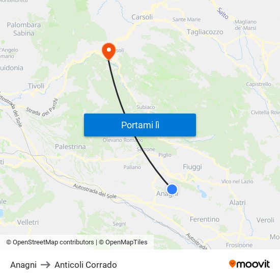 Anagni to Anticoli Corrado map