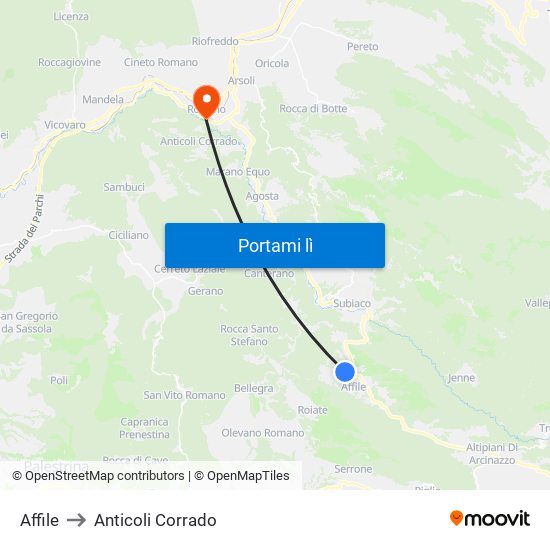 Affile to Anticoli Corrado map