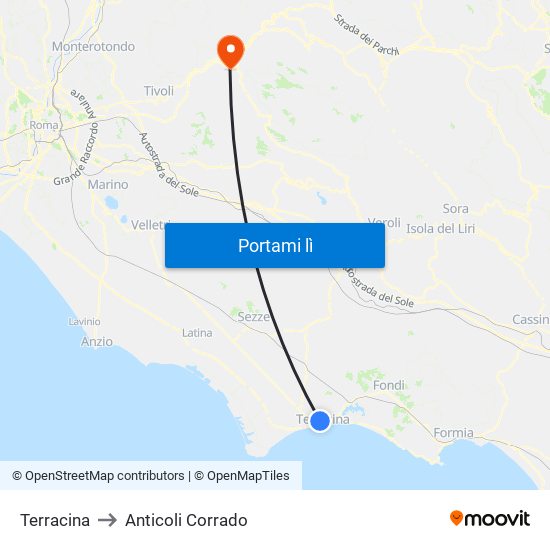 Terracina to Anticoli Corrado map