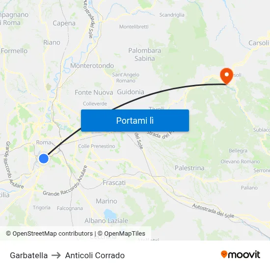 Garbatella to Anticoli Corrado map