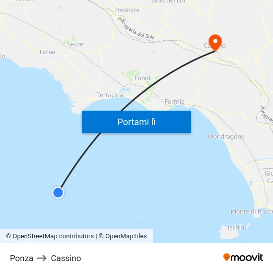Ponza to Cassino map