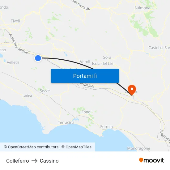 Colleferro to Cassino map